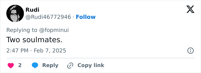 Tweet by Rudi about two soulmates, relevant to Bruce Willis' dementia battle update. Tweet by Rudi about two soulmates, relevant to Bruce Willis' dementia battle update.