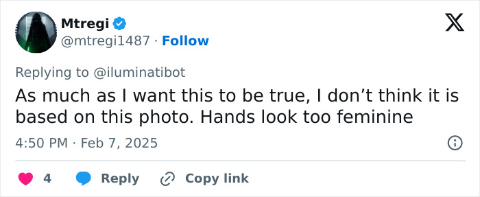 Tweet about a conspiracy theory, discussing a viral photo and perceived femininity of hands.