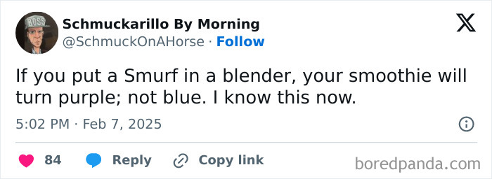 Tweet humorously contemplating Smurf smoothie color, reflecting unhinged parenting moments.