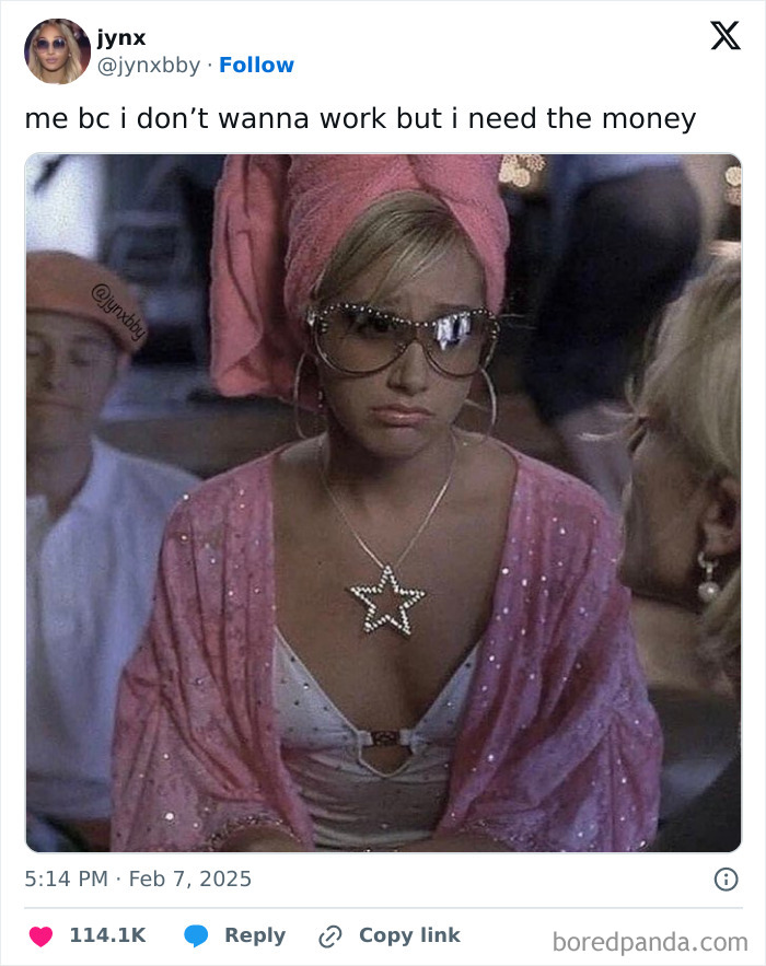 Woman in sunglasses and pink towel captioned "me bc i don't wanna work but i need the money," related to funny February tweets.