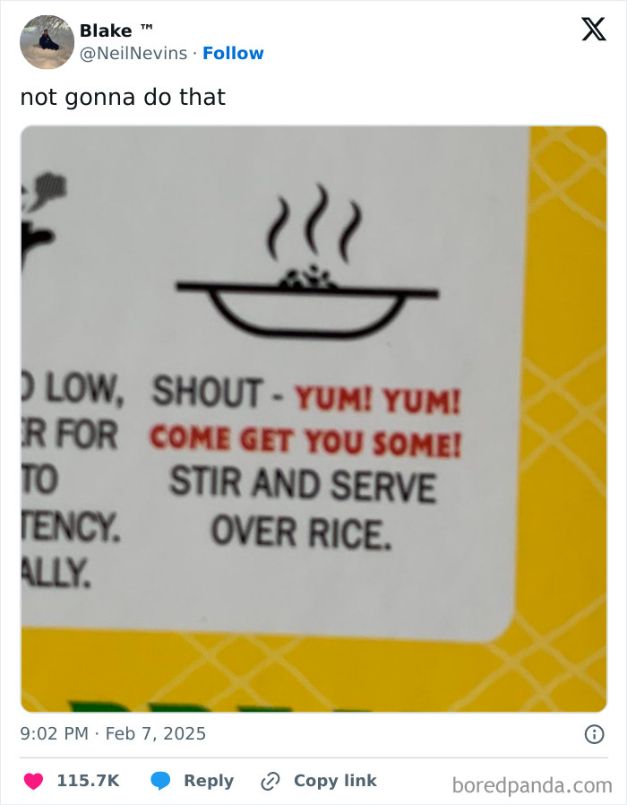 Funny February tweet featuring a humorous cooking instruction.