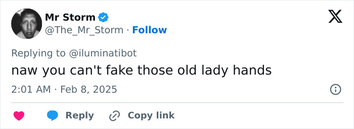 Tweet responding to photo, mentioning "old lady hands," part of viral discussion about French President's wife.