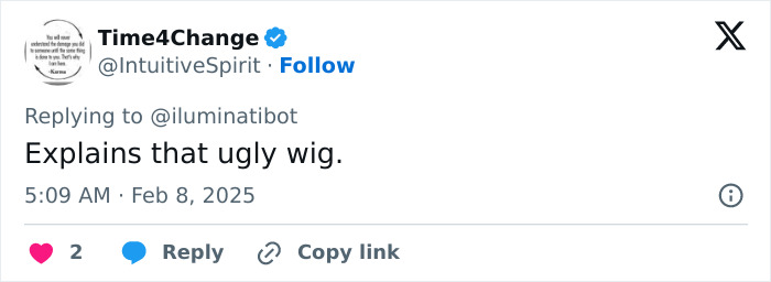 Tweet by Time4Change replying to iluminatibot about wig, related to a viral photo controversy.