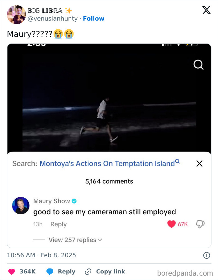 Maury tweet response on Temptation Island clip, highlighting a humorous cameraman comment.