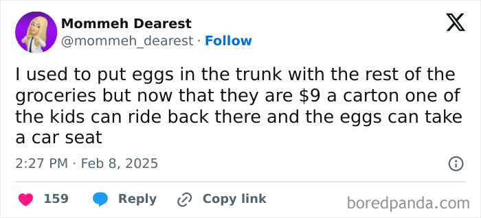 Tweet from a parent humorously discussing the high price of eggs and car seat priorities with kids.