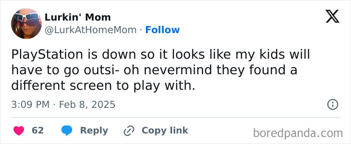 Tweet from a parent about kids finding a new screen when PlayStation is down, showcasing humorous parenting moments.