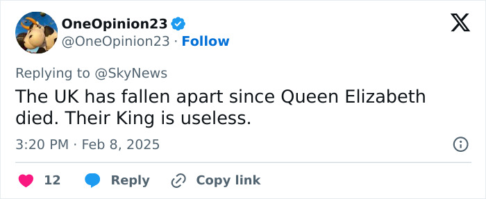 Tweet questioning King Charles' effectiveness following Queen Elizabeth's passing.