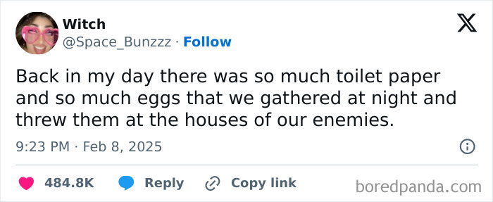 Tweet humor about past abundance of toilet paper and eggs for pranks, causing internet laughter in February.