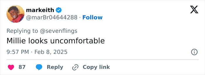 Tweet mentioning Millie looking uncomfortable, dated February 8, 2025, with 87 likes. Tweet mentioning Millie looking uncomfortable, dated February 8, 2025, with 87 likes.