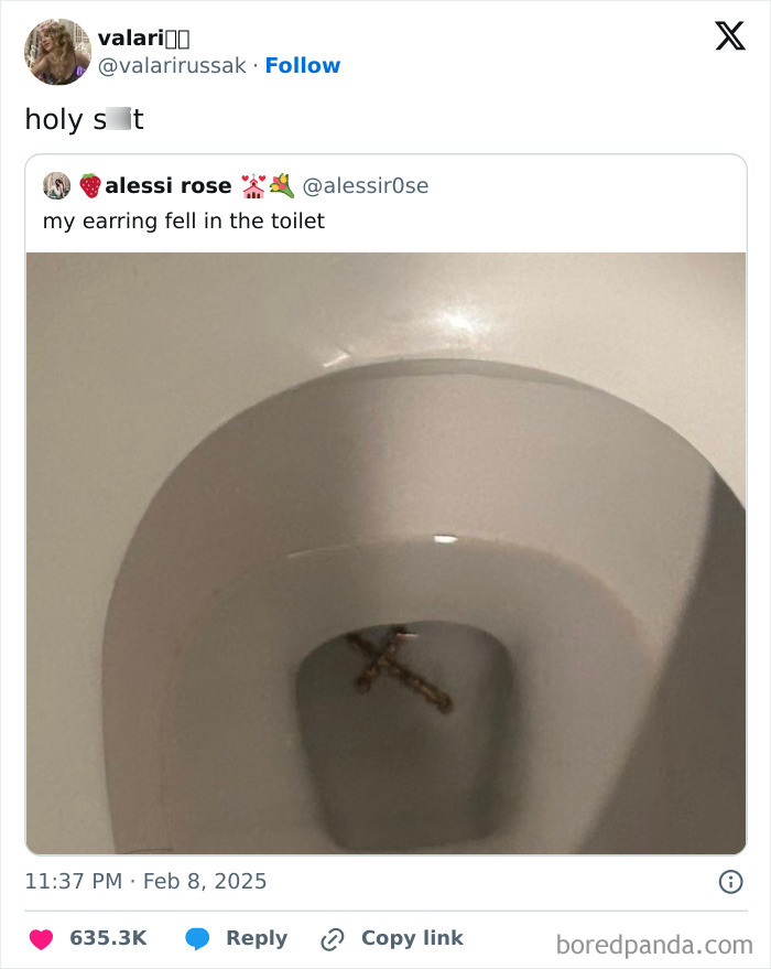 Earring at the bottom of a toilet bowl, capturing the humor of February tweets.