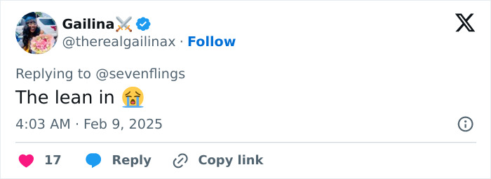 Tweet reaction describing "the lean in" with a crying emoji. Tweet reaction describing "the lean in" with a crying emoji.