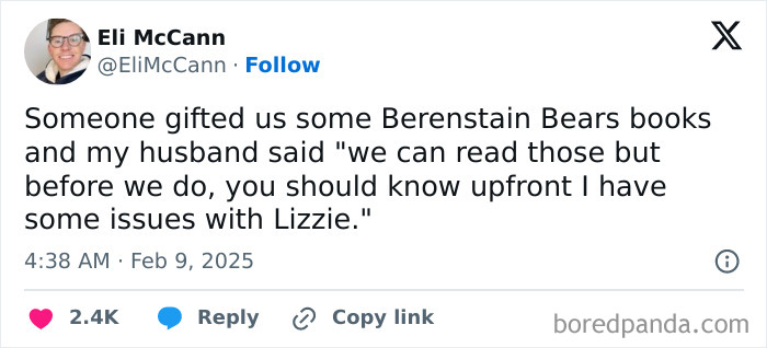 Tweet from a parent humorously addressing issues with Berenstain Bears books regarding Lizzie.