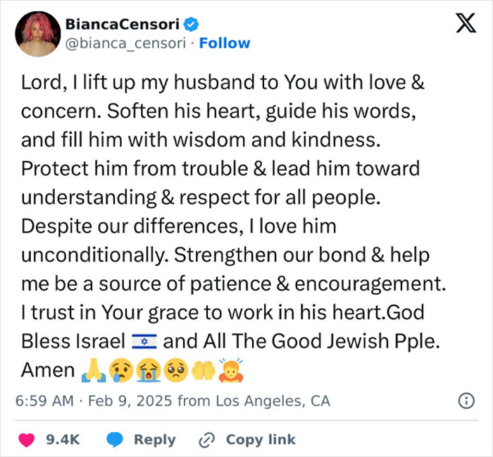 Bianca Censori addresses comments on Twitter with a heartfelt message about her husband amidst controversy.