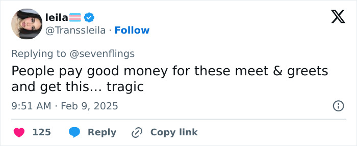 Tweet criticizing a $200 meet and greet with Millie Bobby Brown, calling it "tragic. Tweet criticizing a $200 meet and greet with Millie Bobby Brown, calling it "tragic.