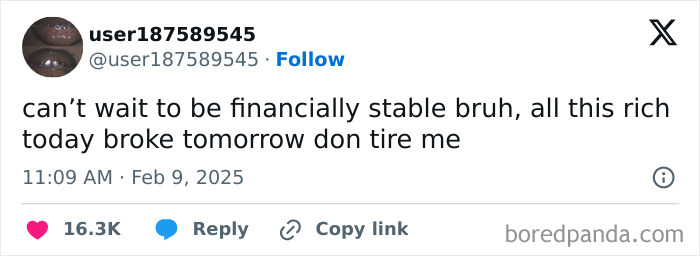 Tweet humorously discussing financial stability in Black culture, showcasing relatable frustrations and aspirations.