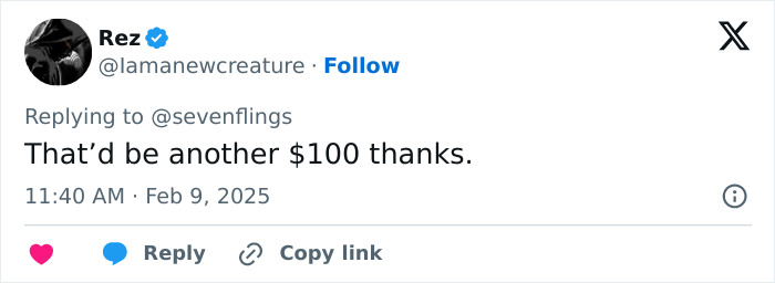 Tweet screenshot about cost, mentioning "$100 thanks. Tweet screenshot about cost, mentioning "$100 thanks.