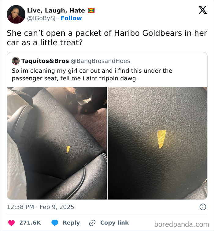 Tweet showing a small Haribo Goldbear piece on a car seat, bringing laughter.