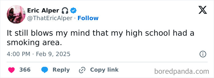 Tweet expressing surprise about a high school smoking area, reflecting unhinged high school things.