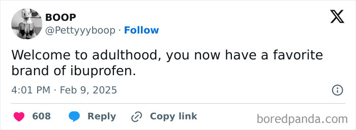 Tweet joking about adulthood and having a favorite ibuprofen brand.