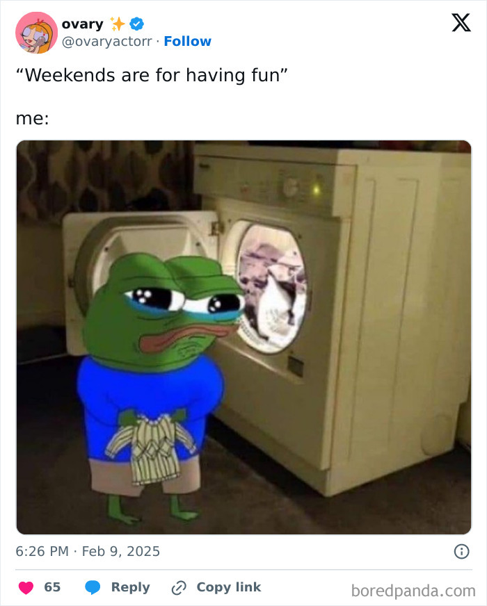 Funny meme of a sad frog cartoon character doing laundry in front of a washing machine.