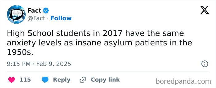 Tweet comparing high school students' anxiety levels in 2017 to 1950s asylum patients.