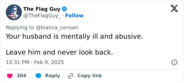Tweet criticizing Bianca Censori's husband, urging her to leave him.