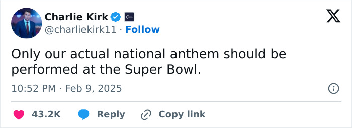 Tweet by user expressing opinion on national anthem choice for Super Bowl performance. Tweet by user expressing opinion on national anthem choice for Super Bowl performance.