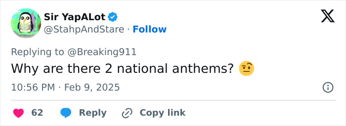Tweet by Sir YapALot questioning the presence of two national anthems; related to Super Bowl LIX performance reactions. Tweet by Sir YapALot questioning the presence of two national anthems; related to Super Bowl LIX performance reactions.
