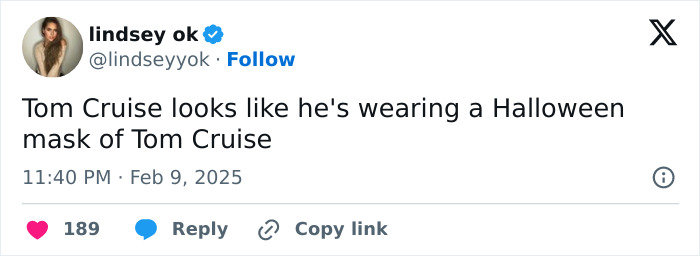 Tweet remarking on Tom Cruise's altered appearance, joking about a Halloween mask.