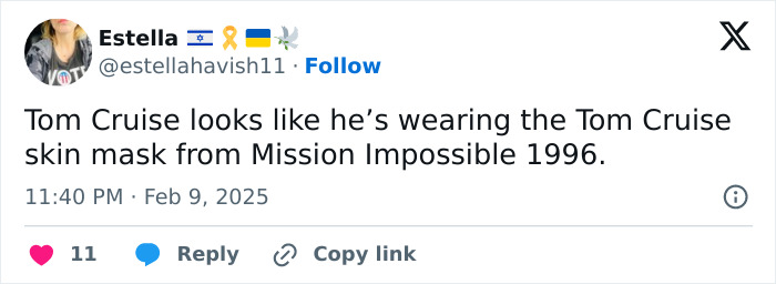 Tweet by user commenting on Tom Cruise's stretched face in Super Bowl 2025 ad.