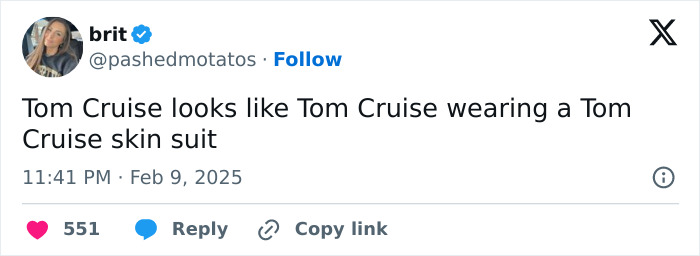 Tweet humorously commenting on Tom Cruise's appearance in Super Bowl 2025 ad.