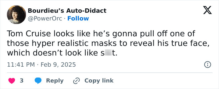 Social media post humorously discussing Tom Cruise's appearance in Super Bowl 2025 ad.