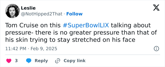 Tweet mentioning Tom Cruise in Super Bowl ad, commenting on his stretched face.