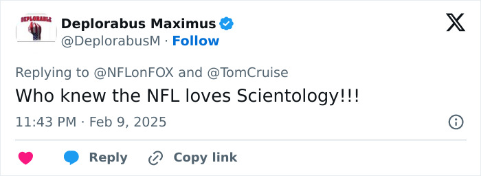 Tweet referencing Tom Cruise, mentioning NFL and Scientology, posted by user "Deplorabus Maximus".