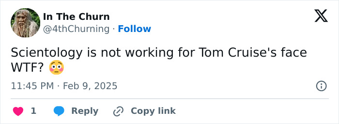 Tweet critiquing Tom Cruise's face, mentioning Scientology with a shocked emoji.