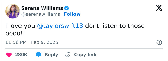 Serena Williams tweets support to Taylor Swift amid meme buzz.