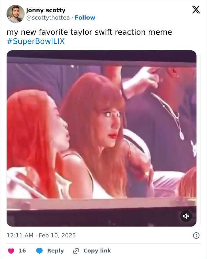 Taylor Swift reaction meme, surprised look during Super Bowl event.