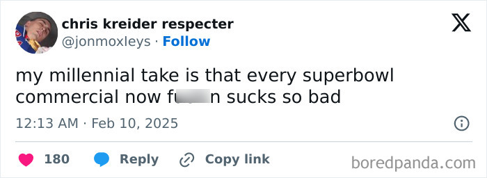 Tweet expressing Honest Millennial Complaints about Super Bowl commercials.
