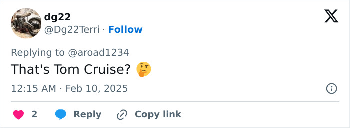 Tweet questioning Tom Cruise's appearance, with a thinking emoji, dated February 10, 2025.