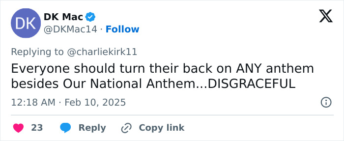 Tweet expressing disapproval of a Super Bowl national anthem performance, calling it disgraceful. Tweet expressing disapproval of a Super Bowl national anthem performance, calling it disgraceful.