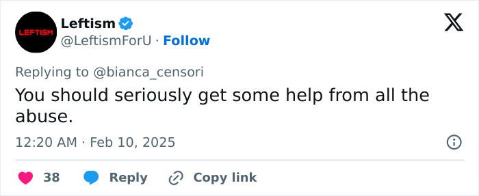 A tweet replying to Bianca Censori suggesting getting help from abuse, dated February 10, 2025.