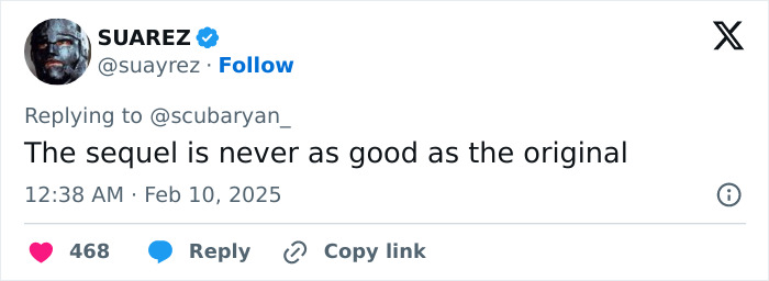 Social media post about a sequel's quality following Kanye West's Super Bowl ad.