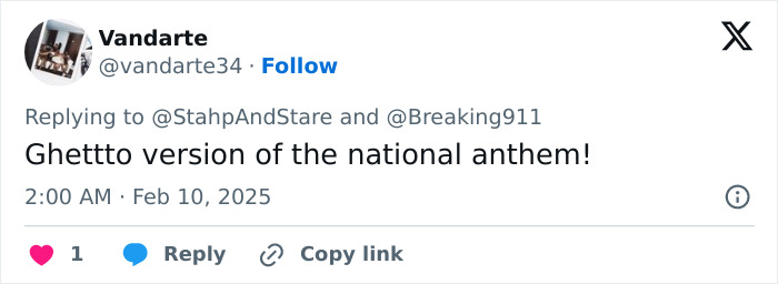 Tweet by Vandarte commenting on a "ghetto version" of the national anthem performance at Super Bowl. Tweet by Vandarte commenting on a "ghetto version" of the national anthem performance at Super Bowl.