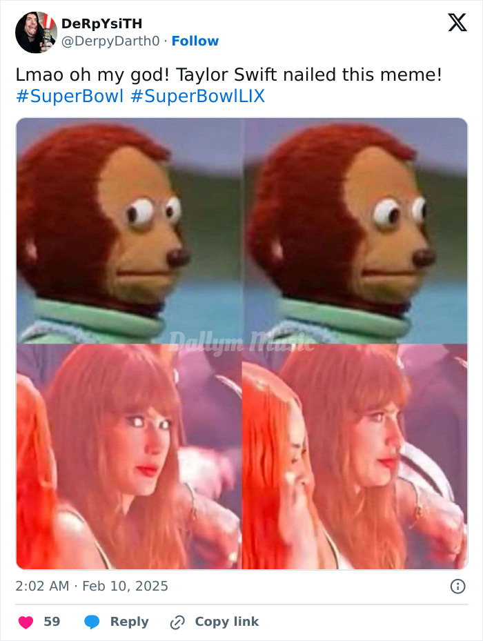 Taylor Swift reacts humorously in meme format to being booed at Super Bowl, becoming a viral sensation.