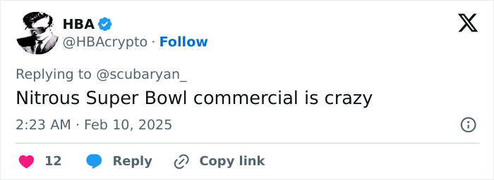 Tweet reacting to Kanye West's bizarre Super Bowl ad, mentioning "Nitrous Super Bowl commercial is crazy" with engagement stats.