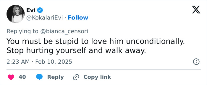 Tweet replying to Bianca Censori about love and self-respect, dated February 10, 2025.