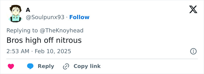 Tweet mentioning nitrous by @Soulpunx93, posted at 2:53 AM on Feb 10, 2025.