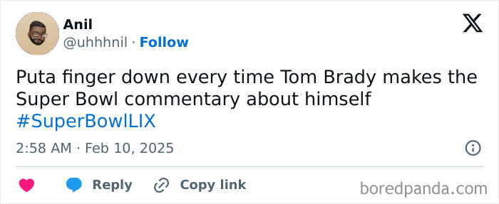 Tweet joking about Tom Brady and Super Bowl 2025 commentary.