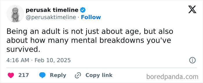Tweet about hilarious adulthood struggles with mental breakdowns, dated February 10, 2025.