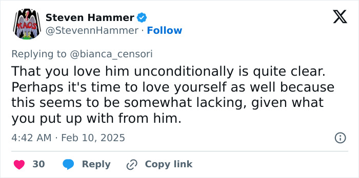 Tweet replies to Bianca Censori about relationship issues, with user engagement statistics visible.